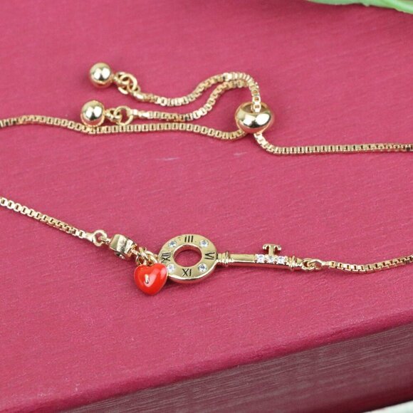 Rose Gold Key and Heart Charm Adjustable A-Bracelet for Women, XPAB0695 - Picture 10 of 12